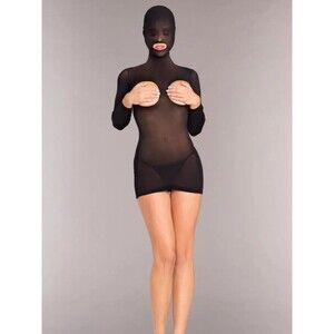 Be Wicked Black Hooded Open Cup Mesh Mini Dress BDSM Bodystocking One Size
